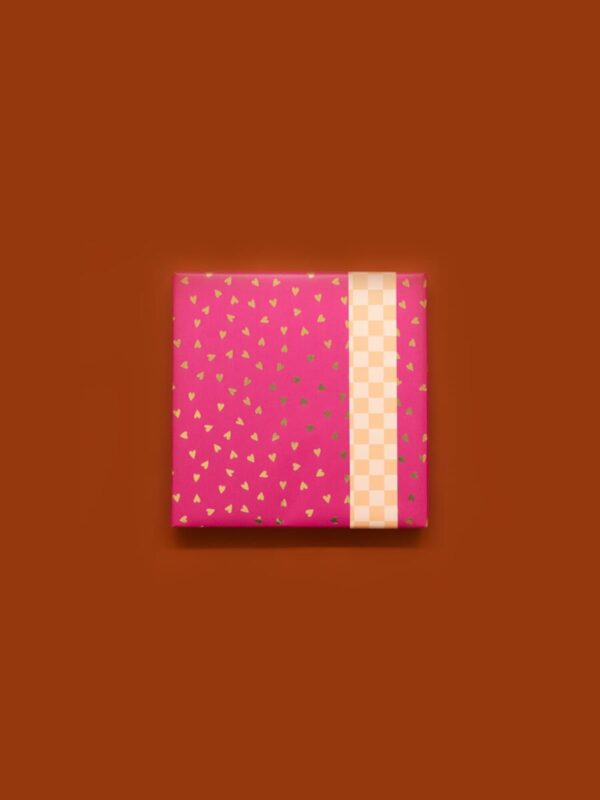 UNIK.HUS Geschenkpapier doppelseitig goldene Herzen, Pink, Schachbrettmuster Orange